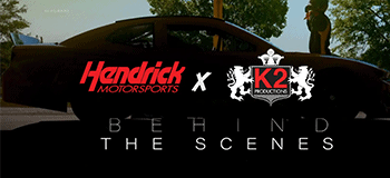 Hendrick Motorsports logo over car silhouette in Track Attack video